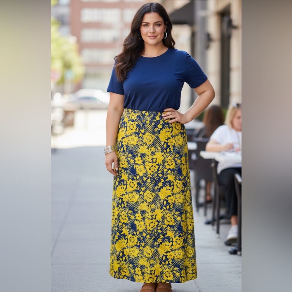 LuLaRoe Plus Size Yellow and Blue Floral Maxi Skirt (2XL)